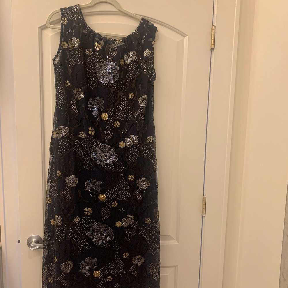 Sequin Long Evening Dress  Navy Blue w/ Gold accents